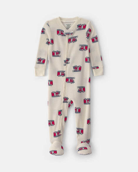 toddler boy 1-piece firetrucks thermal waffle knit footed pyjama - cream