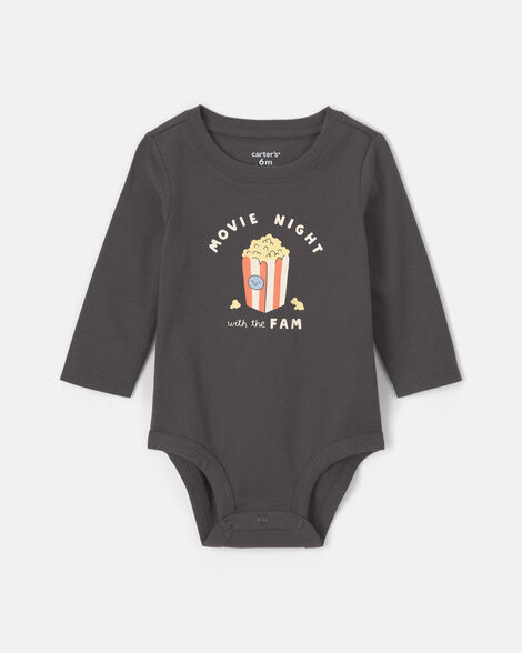 baby 'movie night with the fam' popcorn long-sleeve graphic bodysuit - black