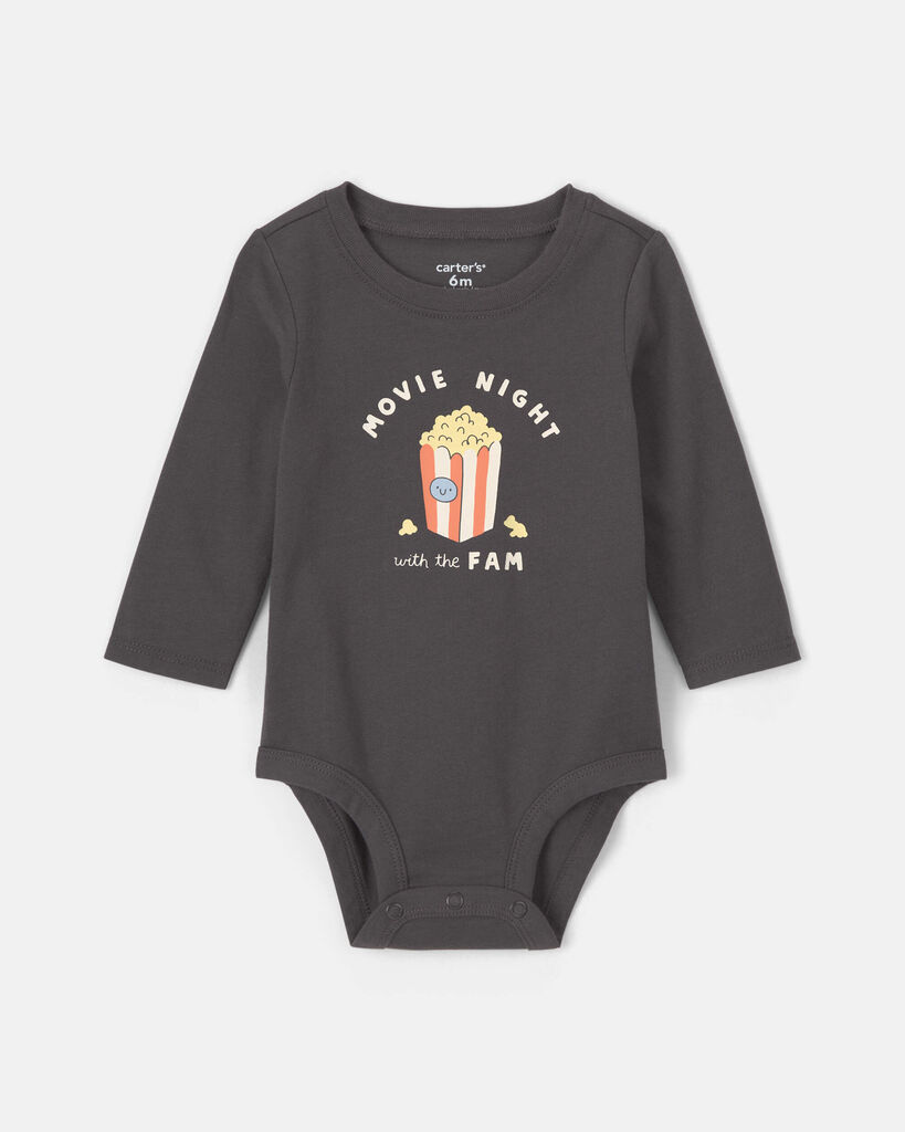 Carter's baby 'movie night with the fam' popcorn long-sleeve graphic bodysuit 12M Black