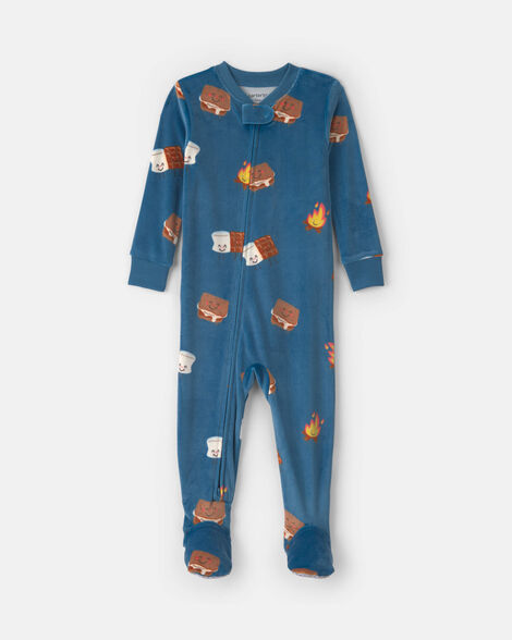 toddler boy 1-piece smores dreamplush snug fit footed pajama - navy blue