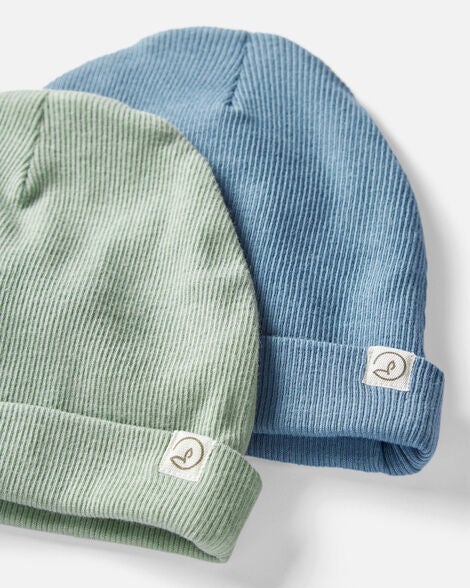 Product image 2 of Baby 2-Pack Organic Cotton Rib Caps - Juniper Moss, Blue
