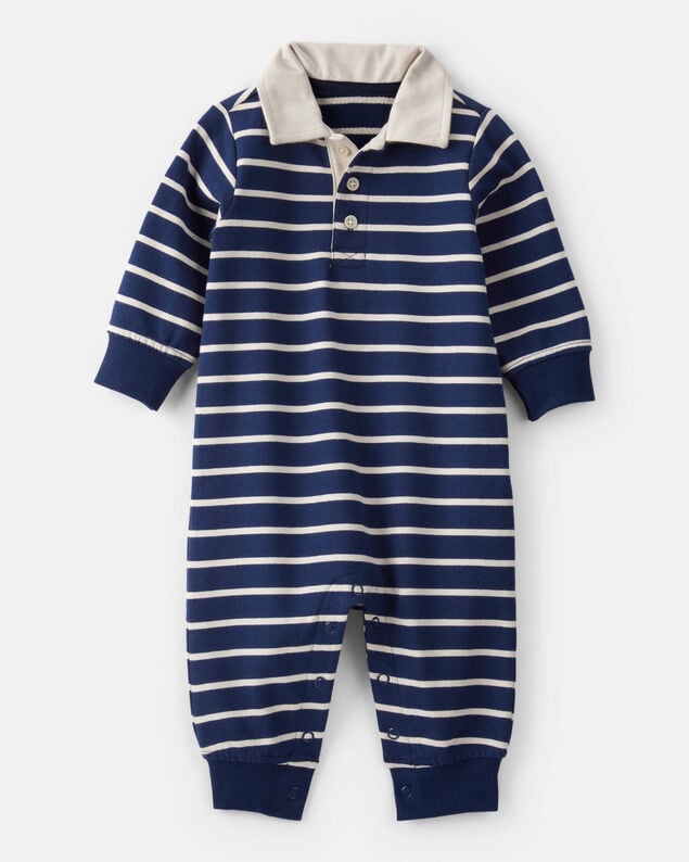 Product image 1 of Baby Boy Cotton Long-Sleeve Polo Jumpsuit - Navy/White