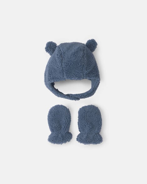 baby boy bear teddy fleece hat & mitten set - blue