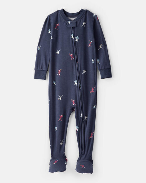 baby boy football print purelysoft long-sleeve 2-way zip 1-piece pajamas - navy blue