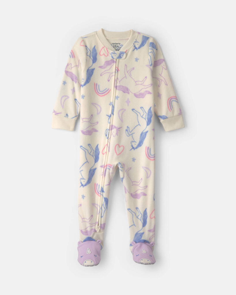 Carter's baby girl 1-piece unicorn 2-way zip fleece loose fit footed pajama 12M Cream