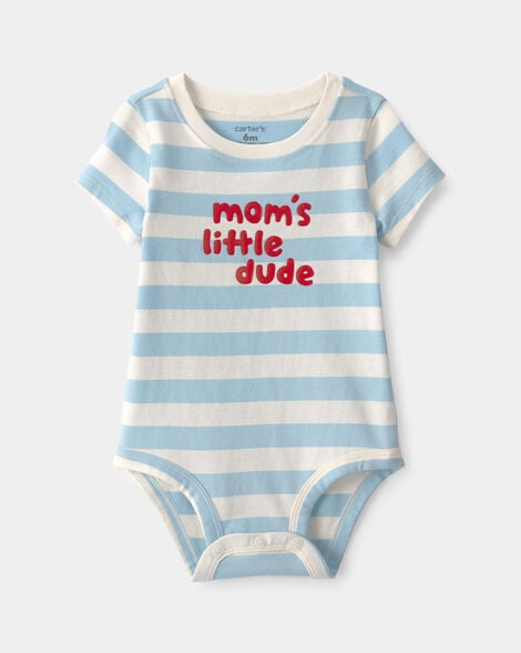baby boy 'mom's little dude' striped graphic bodysuit - blue/ivory