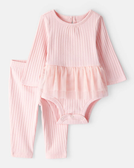 baby girl 2-piece ribbed tutu bodysuit pant set - pink