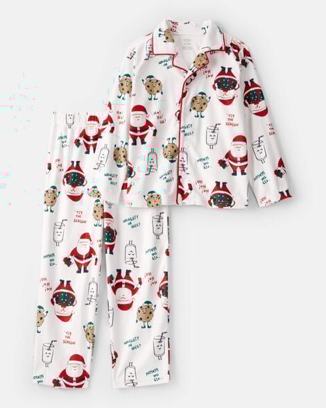 Kid Beige Santa Milk & Cookies Long-Sleeve Loose Fit 2-Piece Pajamas - White
