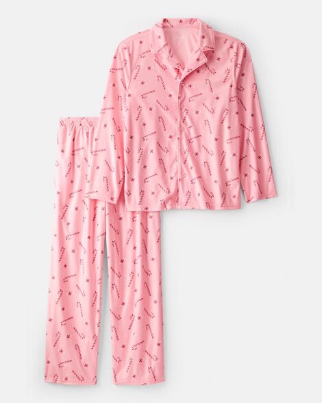adult peppermint print long-sleeve loose fit coat-style 2-piece pajamas - pink