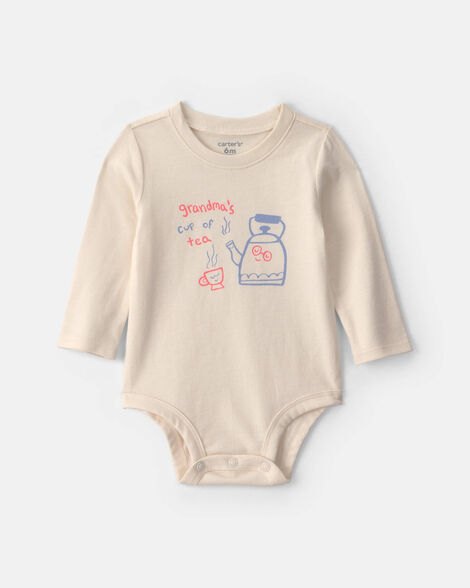 baby girl 'grandma's cup of tea' long-sleeve graphic bodysuit - cream