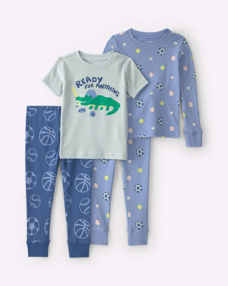 toddler boy 4-piece 'ready for anything' sports cotton pajama set - blue/green