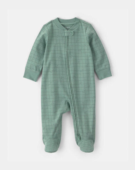 baby boy dinosaur 100% cotton 2-way zip sleep & play pajamas - green