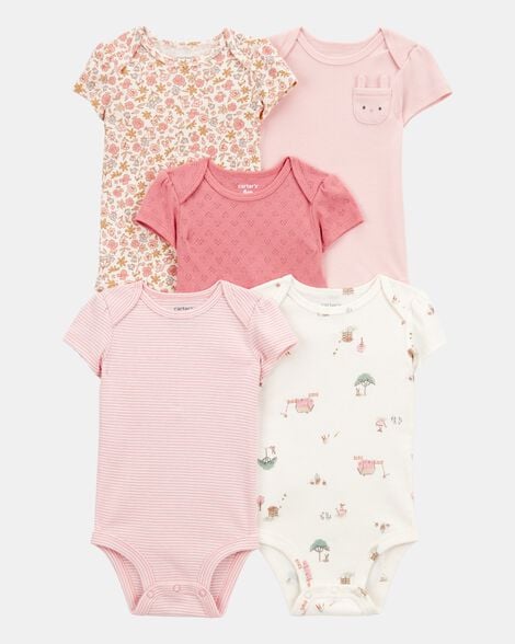 baby girl 5-pack floral bunny short-sleeve cotton bodysuits - pink