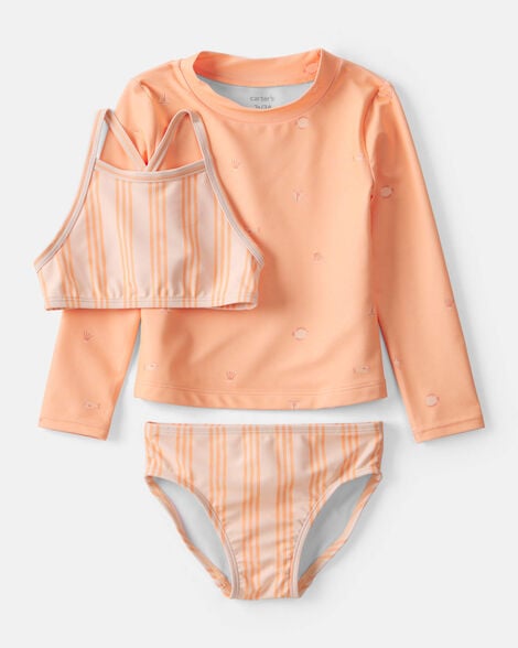 toddler girl 3-piece striped rashguard swimsuit set - orange