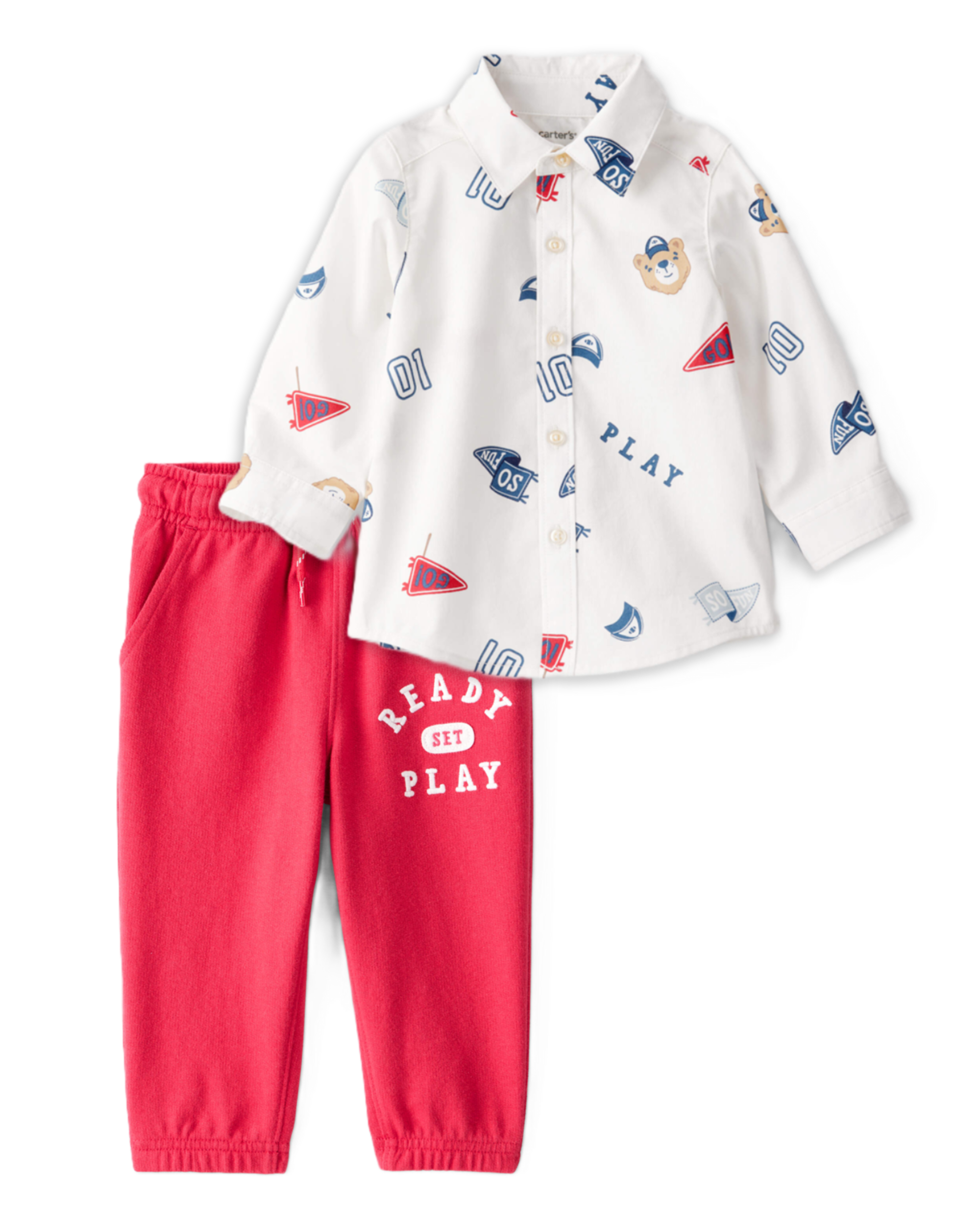 Toddler Boy 2-Piece Varsity Bear Shirt & French Terry Joggers Set - Ivory/Red