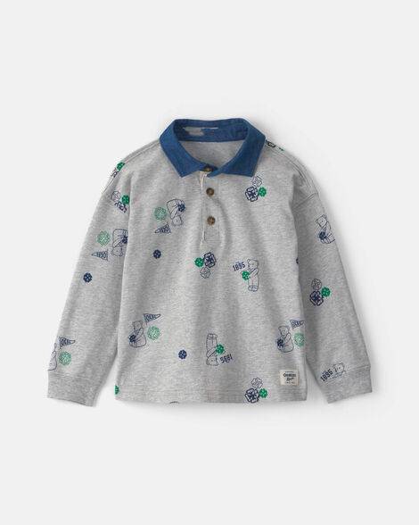 Toddler Boy Bear Long-Sleeve Polo Shirt - Grey