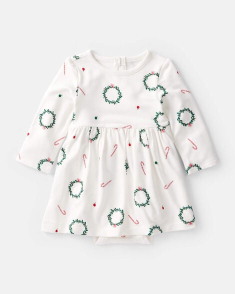 baby girl wreath print purelysoft long-sleeve bodysuit dress - white
