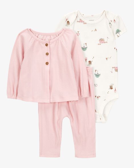  Product image 1 of Baby 3-Piece Barn Print Little Cardigan Set - Pink/White