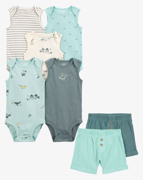Product image 1 of Baby 7-Piece Ocean Print Sleeveless Bodysuits & Shorts Set
