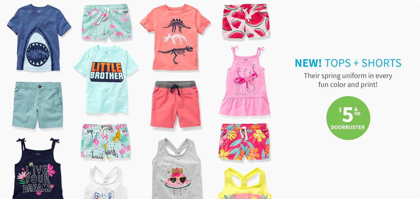 NEW! TOPS + SHORTS | Their spring uniform in every fun color and print! $5 & up DOORBUSTER