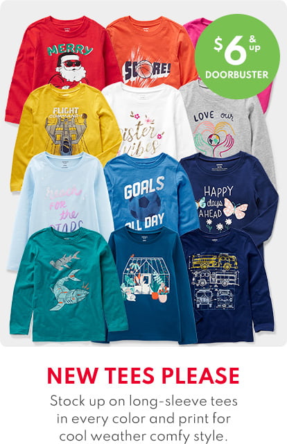 $6 & up DOORBUSTER | NEW TEES PLEASE | Stock up on long-sleeve tees in every color and print for cool weather comfy style.