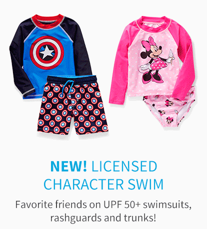 NEW! LICENSED CHARACTER SWIM | Favorite friends on UPF 50+ swimsuits, rashguards and trunks!