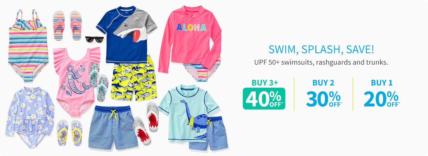 SWIM, SPLASH, SAVE! UPF 50+ swimsuits, rashguards and trunks. BUY 3+ 50% OFF* | BUY 2 40% OFF* | BUY 1 25% OFF*