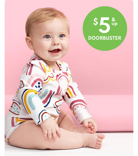 INSTANT OUTFITS | Easy-on, 1-piece bodysuits, rompers and sleep & play. | $5 & up doorbuster