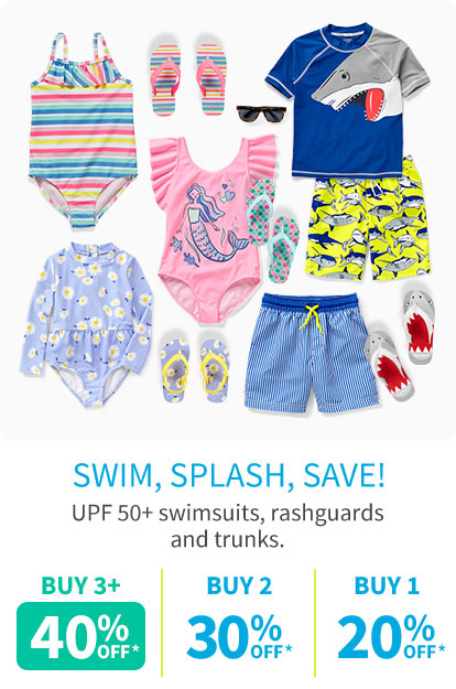 SWIM, SPLASH, SAVE! UPF 50+ swimsuits, rashguards and trunks. BUY 3+ 50% OFF* | BUY 2 40% OFF* | BUY 1 25% OFF*
