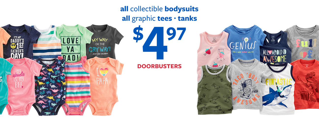 all collectible bodysuits | all graphic tees | tanks | $4.97 doorbusters