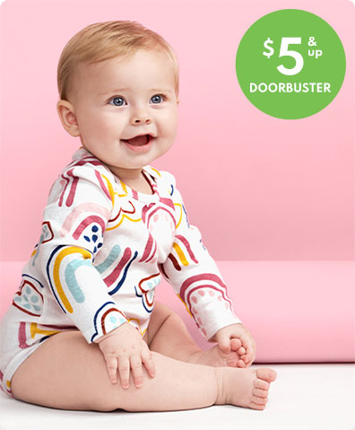 INSTANT OUTFITS | Easy-on, 1-piece bodysuits, rompers and sleep & play. | $5 & up doorbuster