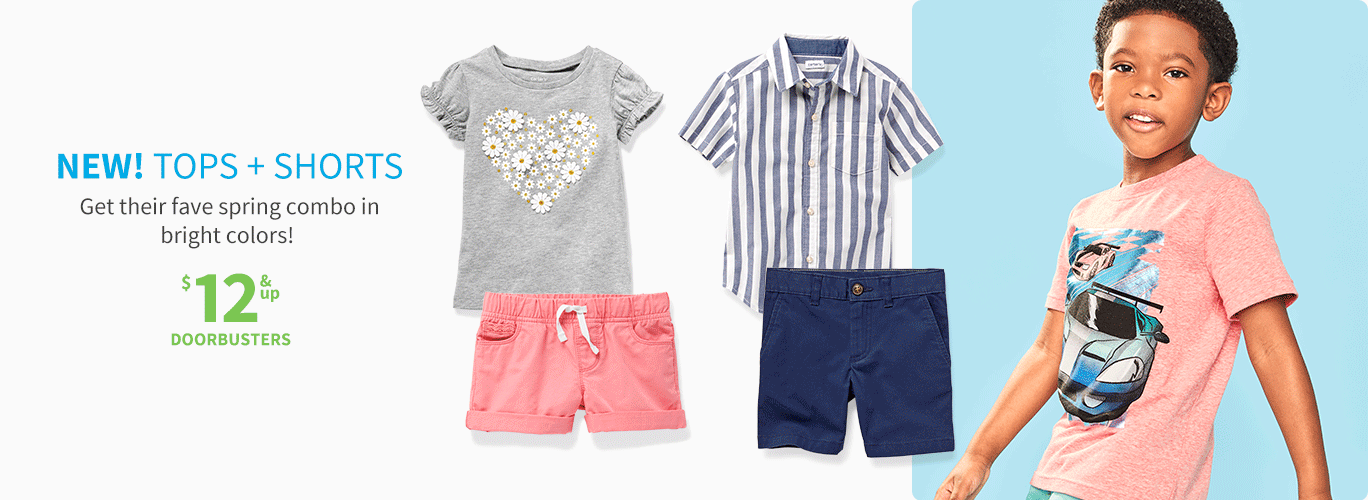 NEW! TOPS + SHORTS | Get their fave spring combo in bright colors! $12 & up DOORBUSTER