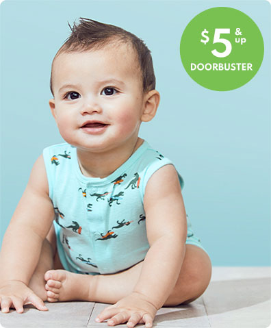 INSTANT OUTFITS | Easy-on, 1-piece bodysuits, rompers and sleep & play. | $5 & up doorbuster