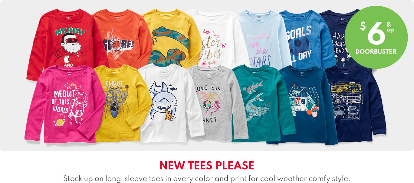 $6 & up DOORBUSTER | NEW TEES PLEASE | Stock up on long-sleeve tees in every color and print for cool weather comfy style.