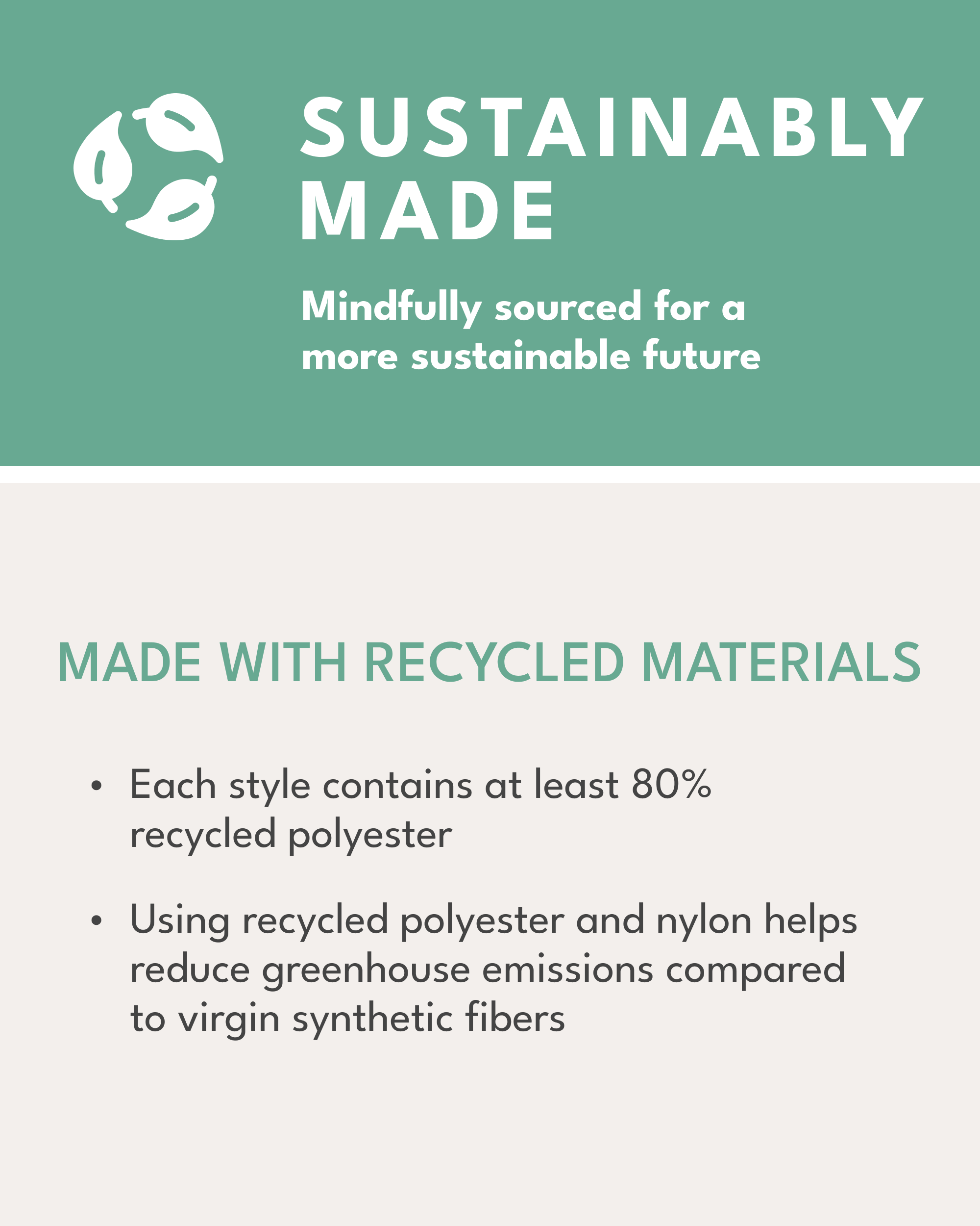 sustainably made, mindfully sourced for a more sustainable future, MADE WITH RECYCLED MATERIALS, each style contains at least 80% recycled polyester, using recycled polyester and nylon helps reduce greenhouse emissions compared to virgin synthetic fibers