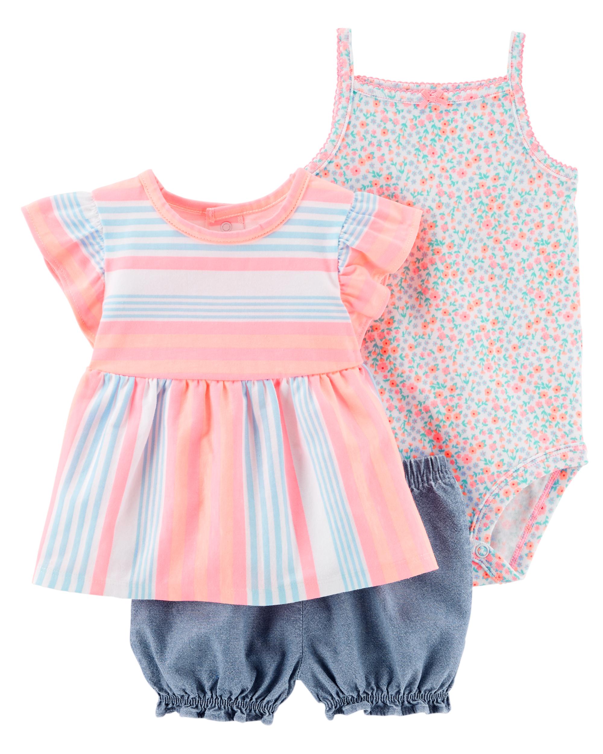 Carters Toddler Girls Orange /& Pink Pastel Stripes Outfit Shirt /& Shorts Set